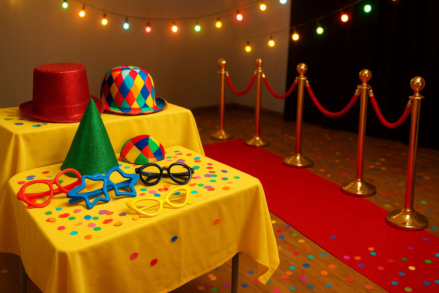 Photo booth prop table and red carpet setup at a corporate holiday event
