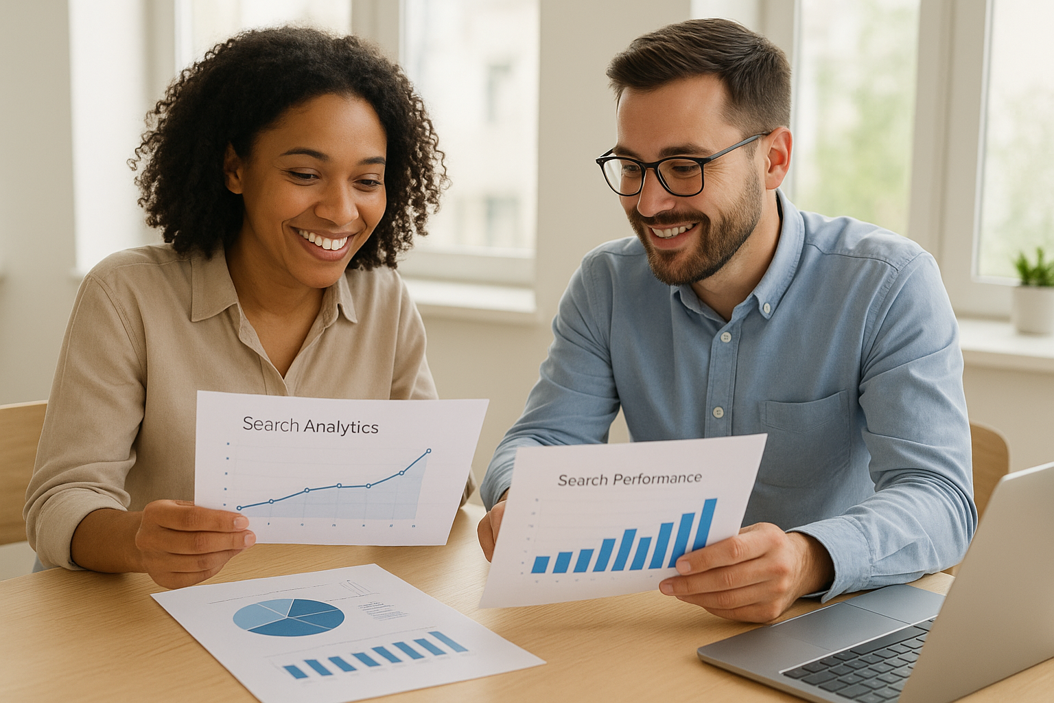 Digital marketing team reviewing AI search ranking reports on a laptop