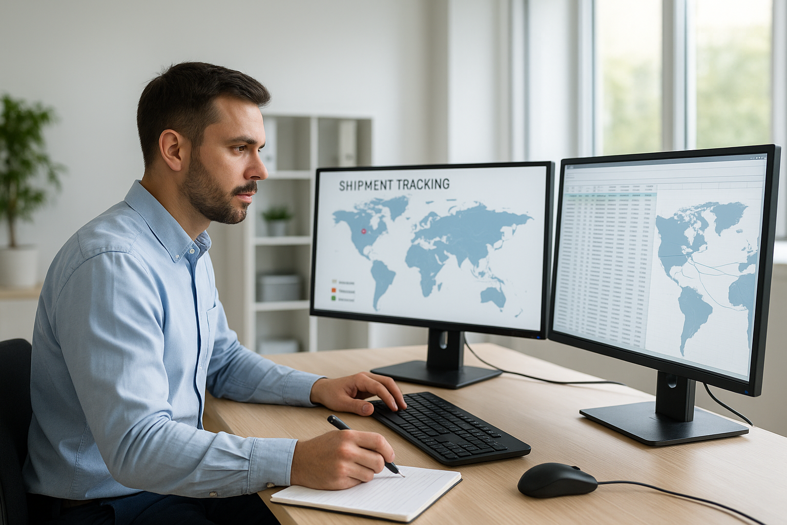 Freight broker reviewing LTL shipment tracking and rate data on multiple screens