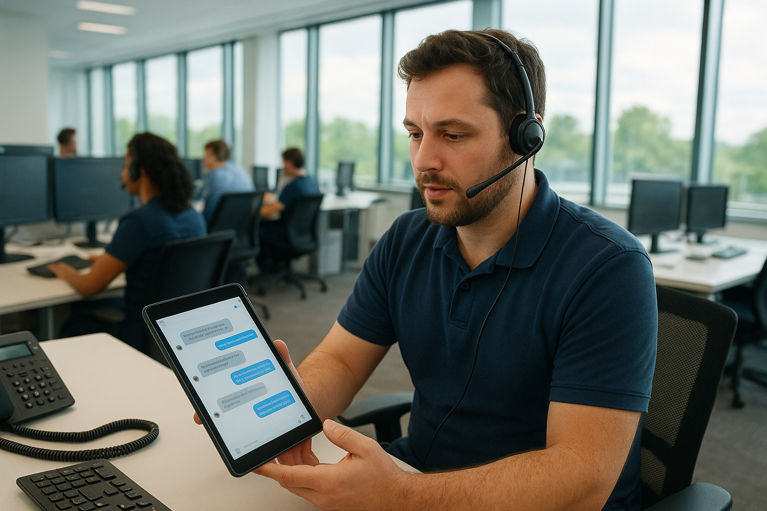 Dispatcher reviewing customer text replies after missed calls in a home service business office