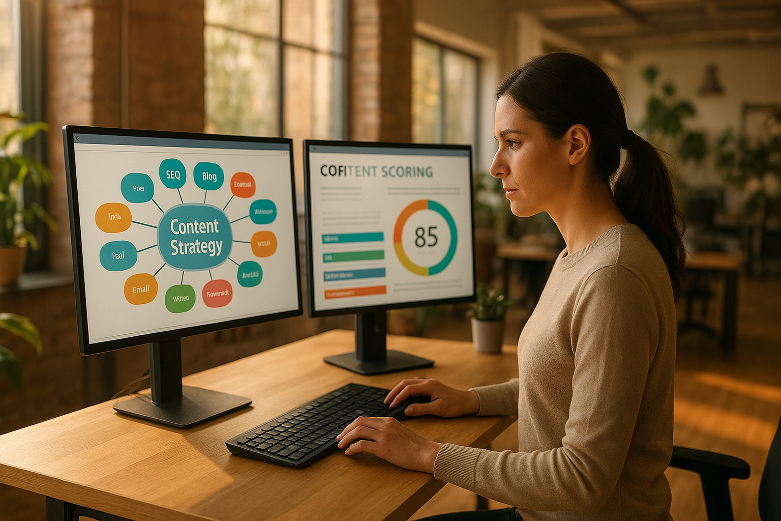 Content strategist using multiple AI-powered content optimization tools on dual monitors in a modern workspace