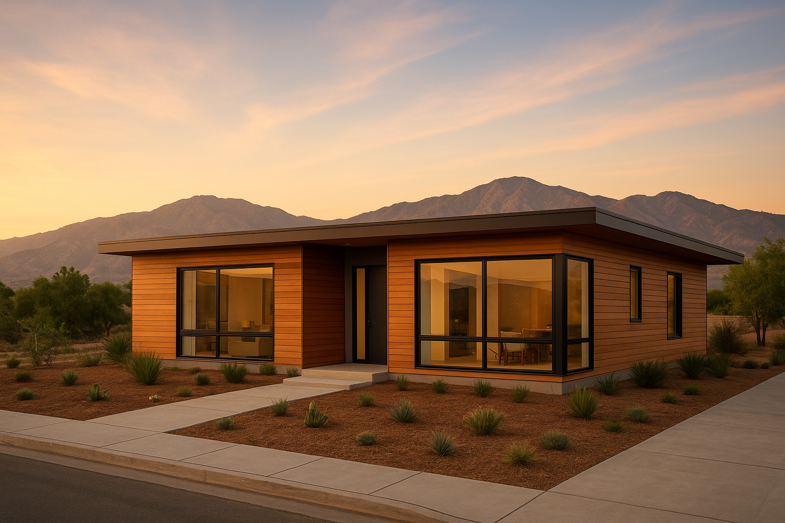 Modern modular home CA design with wood siding set against Southern California hills