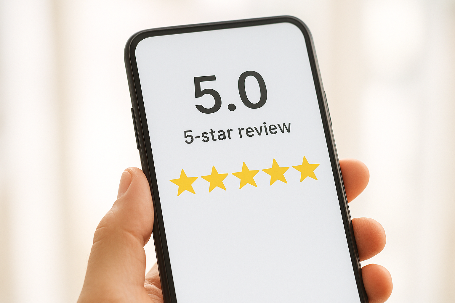 Smartphone screen showing a five-star Google review summary for a local service business