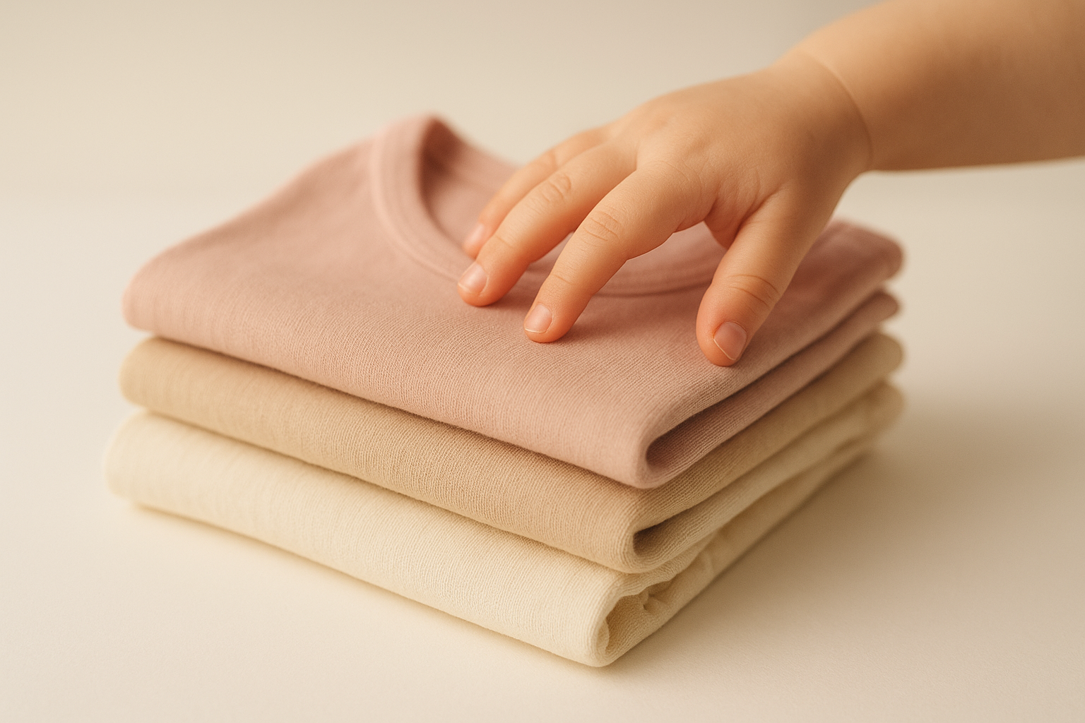 Soft organic cotton children's clothing items folded in a stack representing quality kids apparel subscription fabrics