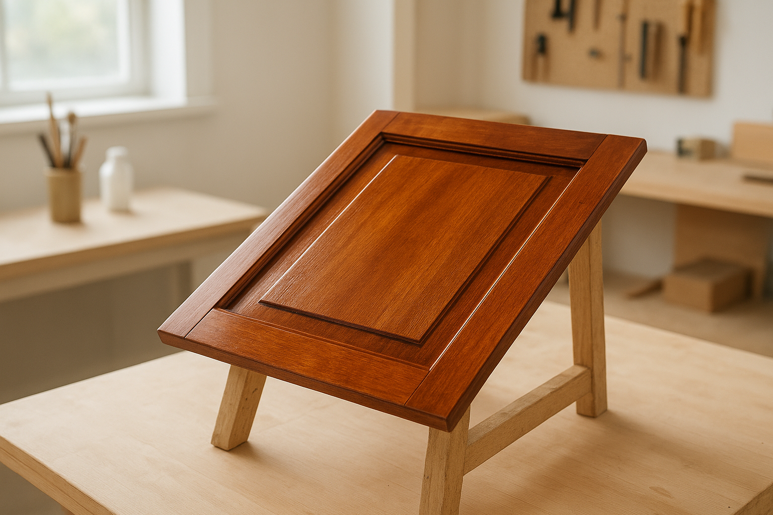 Freshly stained wooden cabinet door drying after a refinishing wooden cabinets project