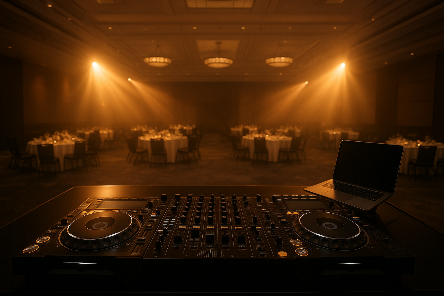 Corporate event DJ setup in Evansville IN ballroom with professional stage lighting