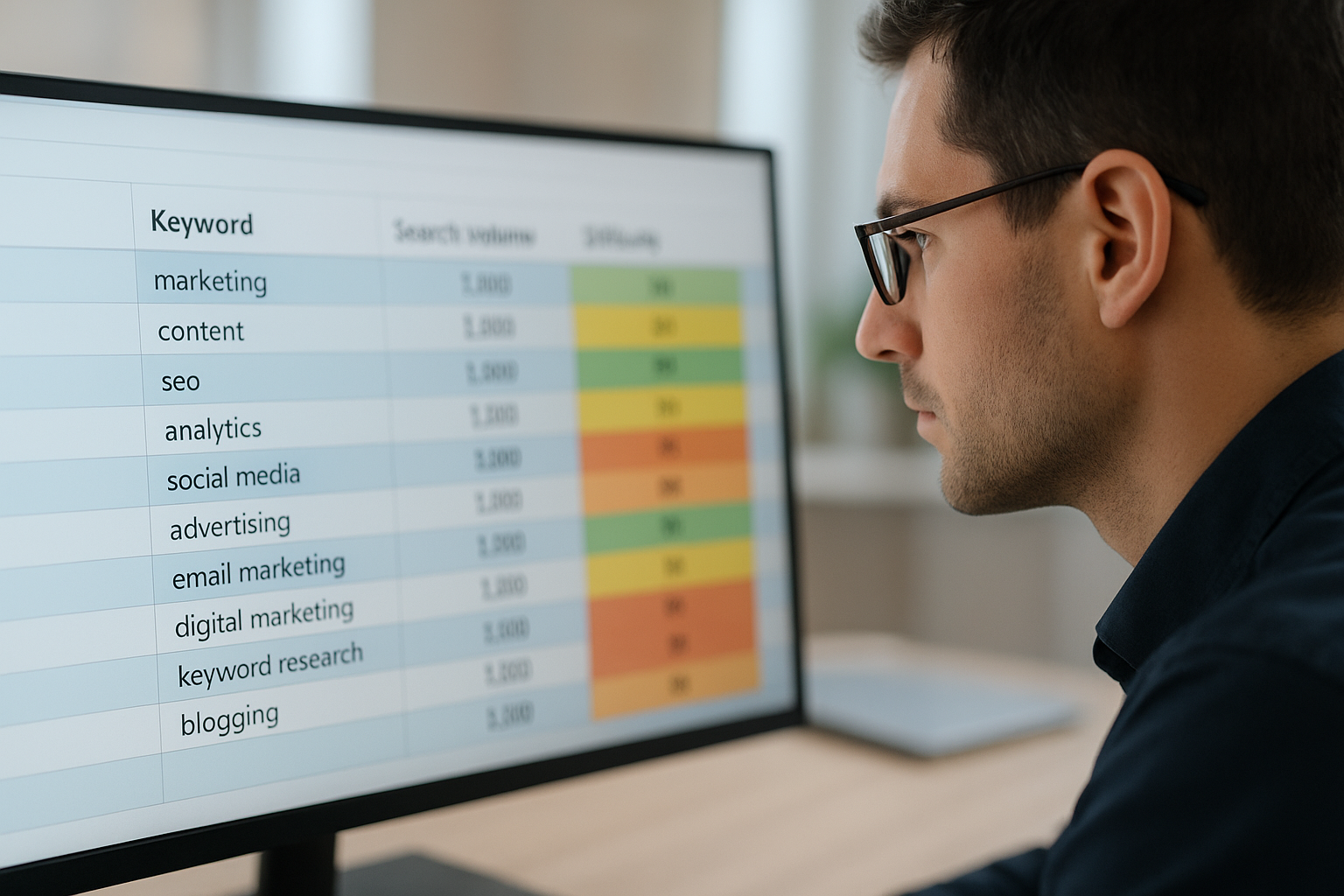 Analyst reviewing keyword difficulty scores and search volume data in a spreadsheet