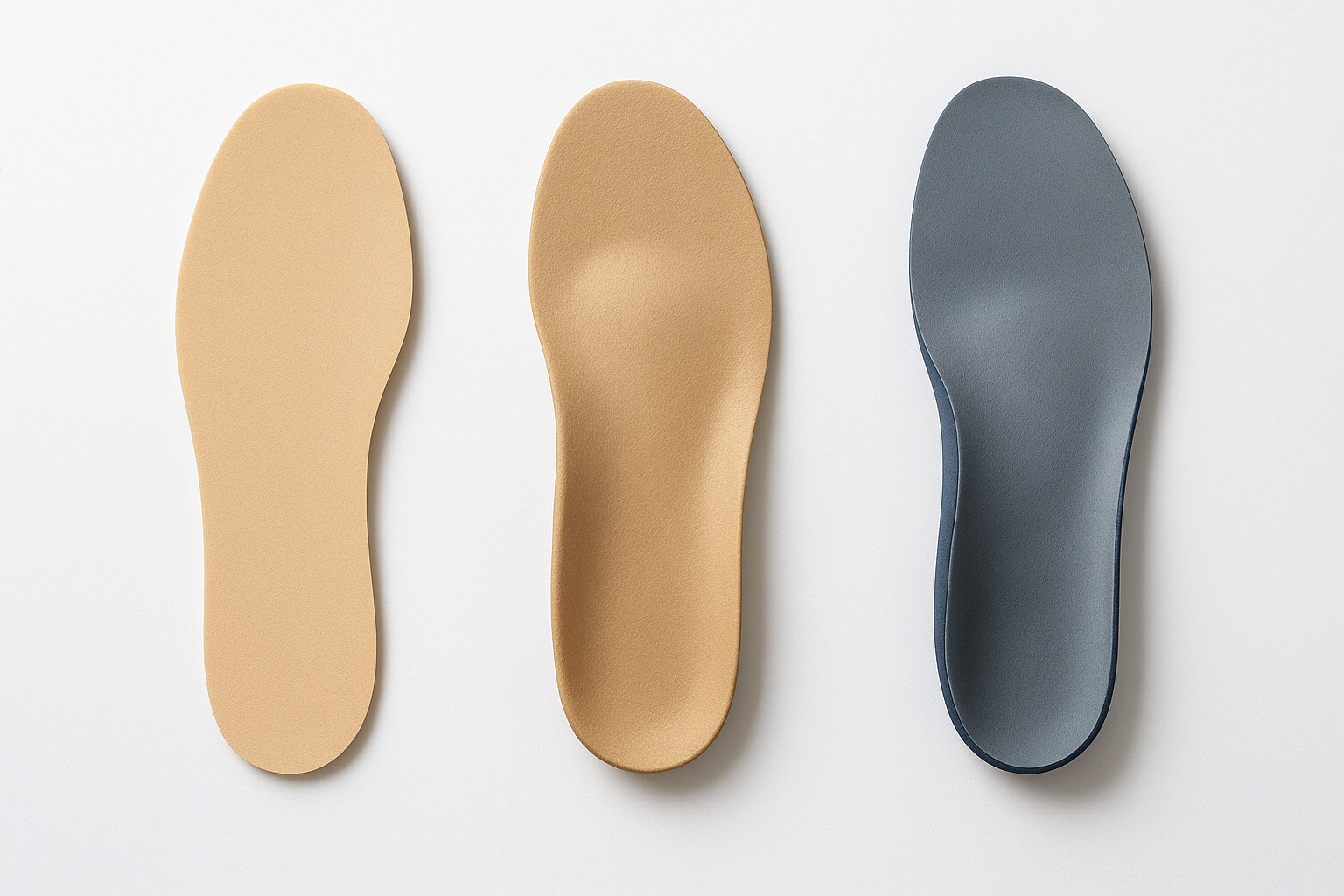 Three types of shoe inserts for flat feet arranged side by side showing OTC foam, semi-custom, and custom orthotic options