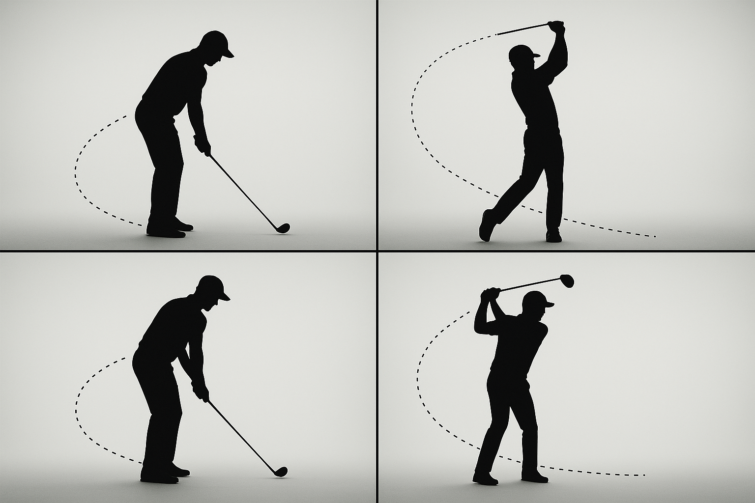 Silhouette sequence of a golf swing showing motion analysis used in biomechanics golf coaching
