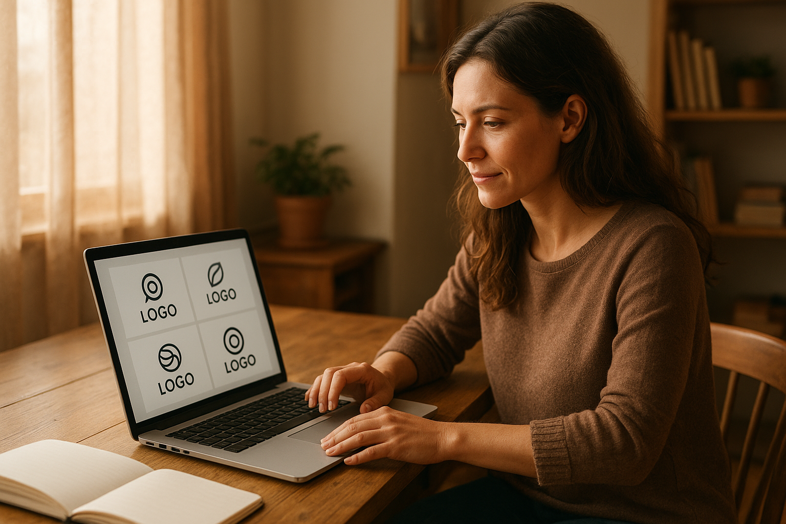 Small business owner reviewing logo design options on a laptop screen