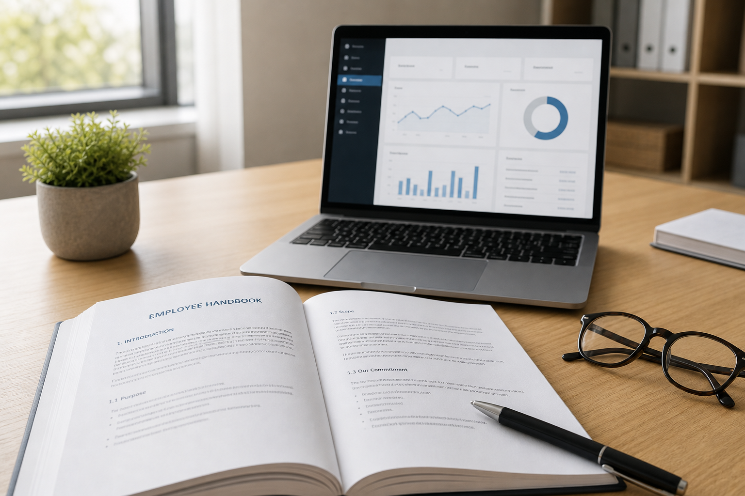 Employee handbook and laptop used during an HR compliance consulting review