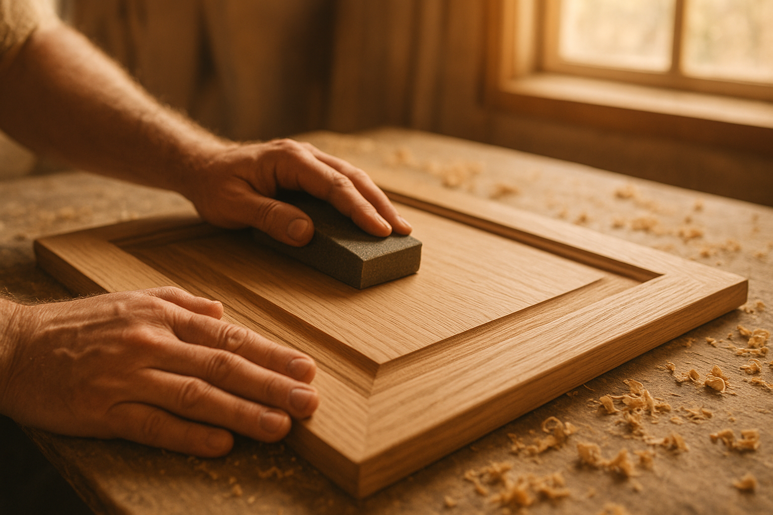 Hands sanding a wood cabinet door during the process of refinishing wooden cabinets