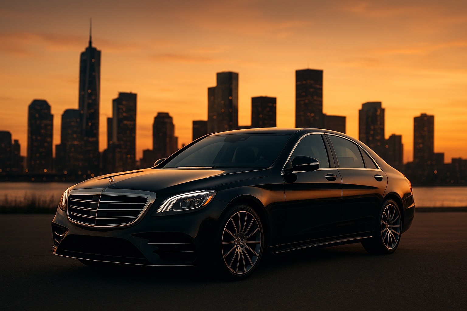 Charlotte luxury car service sedan parked near the downtown skyline at dusk
