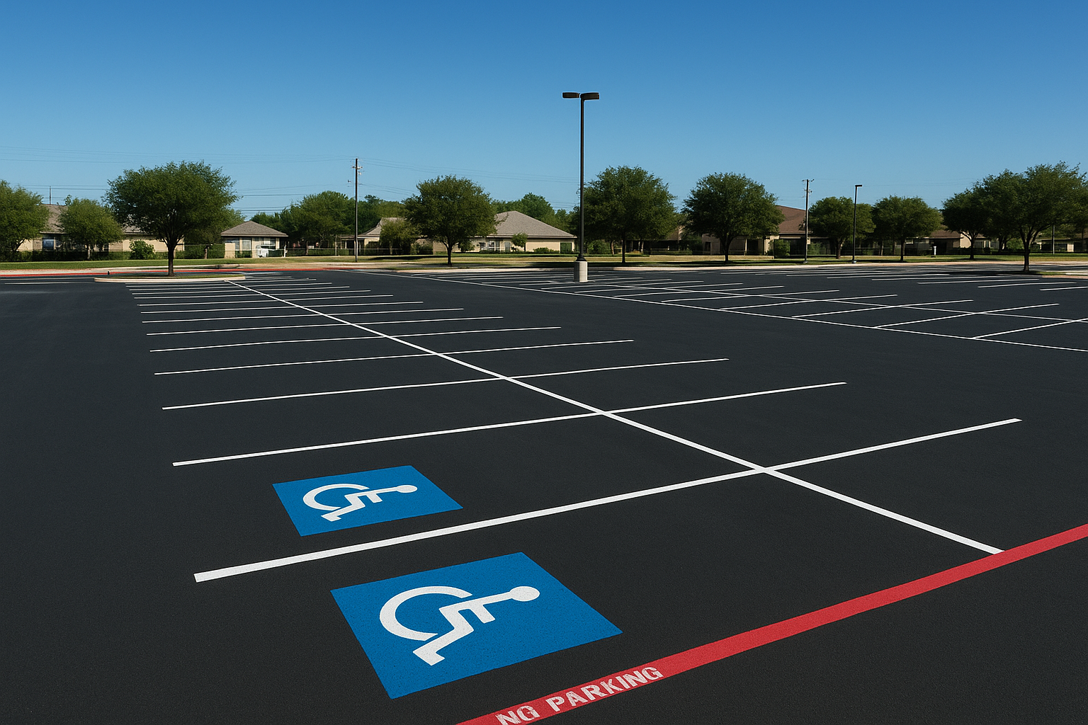 Completed North Texas commercial parking lot with fresh white line marking services showing ADA symbols, stall lines, and red fire lane paint