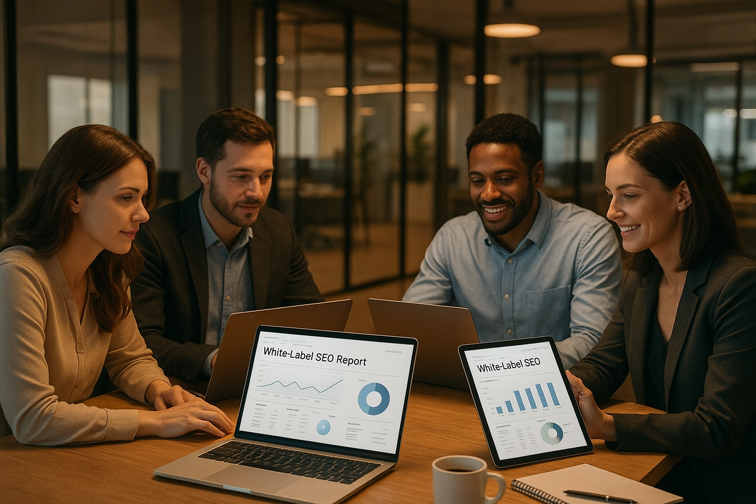 Agency team reviewing white-label SEO reports generated by an all-in-one platform