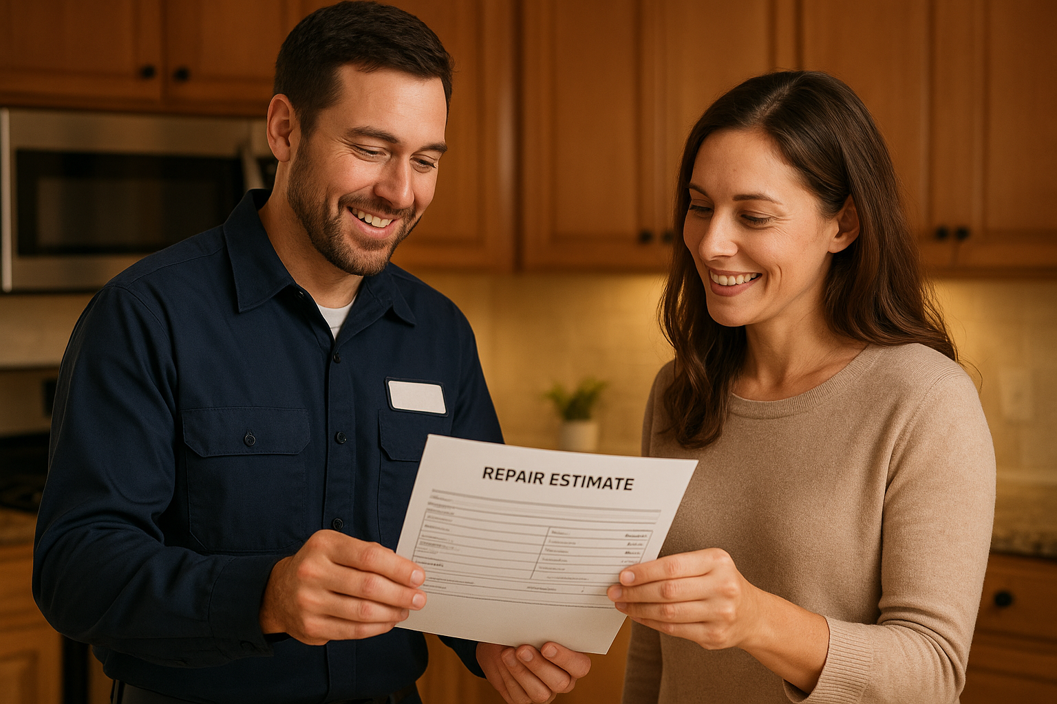 Technician explaining a written repair quote to a homeowner before starting work