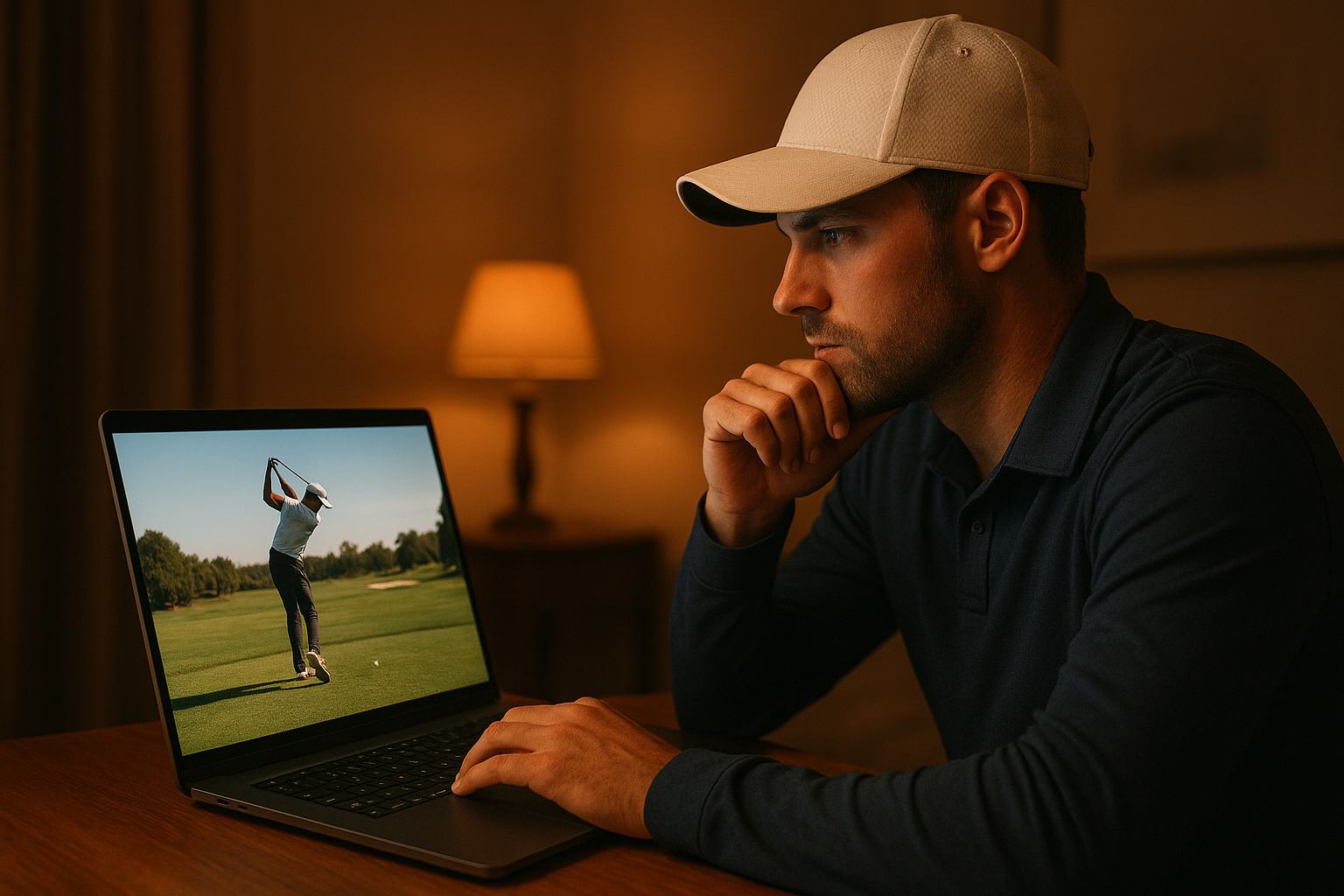 Golfer reviewing swing footage during a remote online coaching session