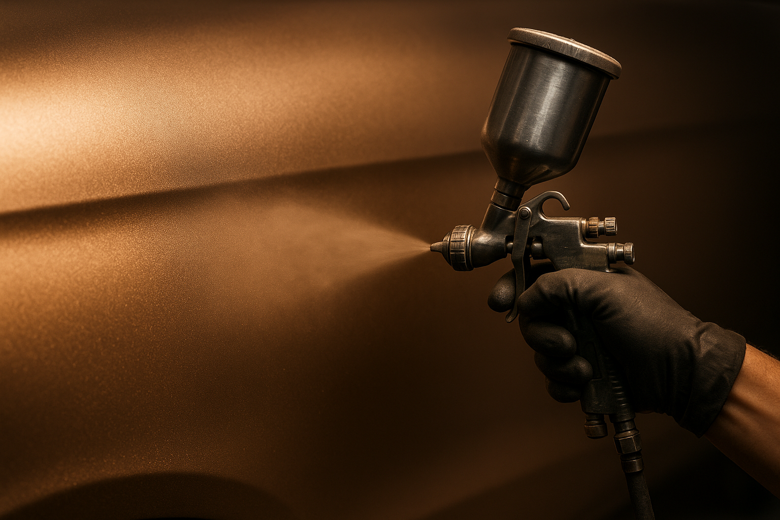 Spray gun applying color coat during a professional auto paint booth service