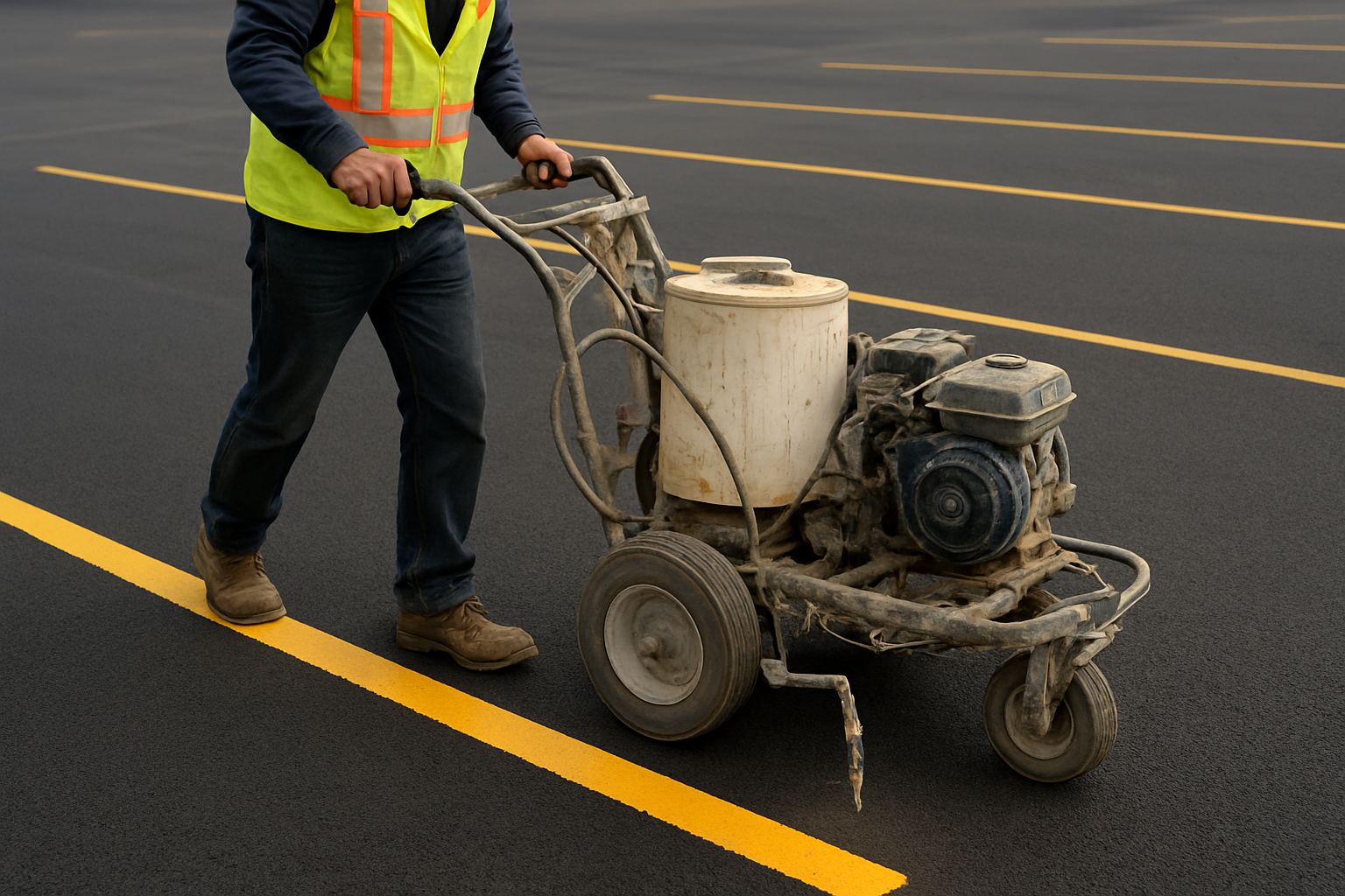 Worker using striping machine to apply professional pavement marking lines on asphalt