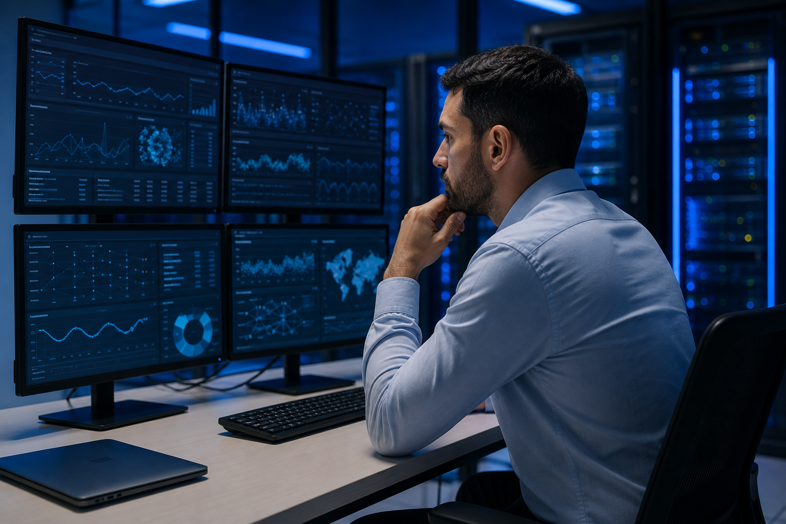 Analyst monitoring data security safeguards used by AI-driven CRM systems