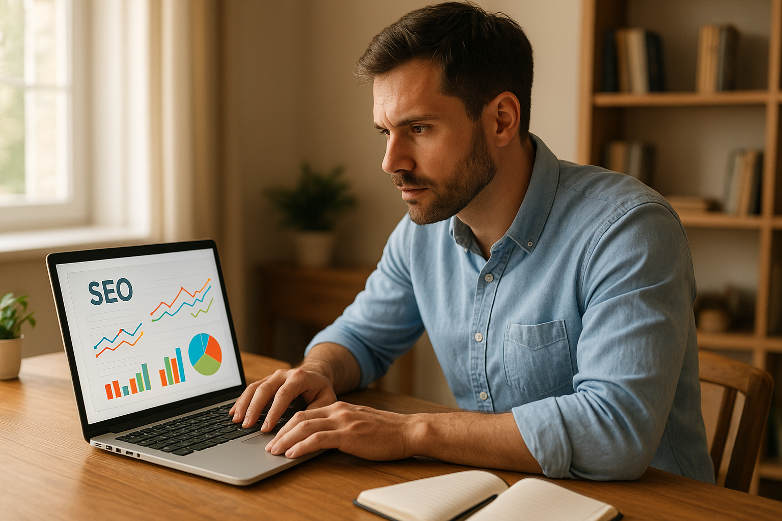 Entrepreneur reviewing AI SEO software for entrepreneurs on a laptop dashboard