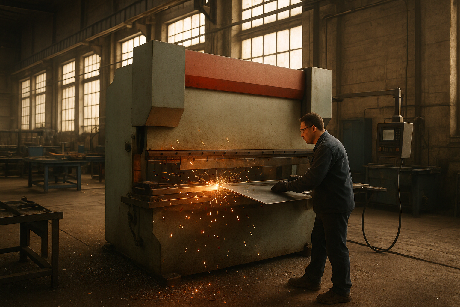 Sheet metal fabrication contractor operating a press brake inside a Southern California workshop