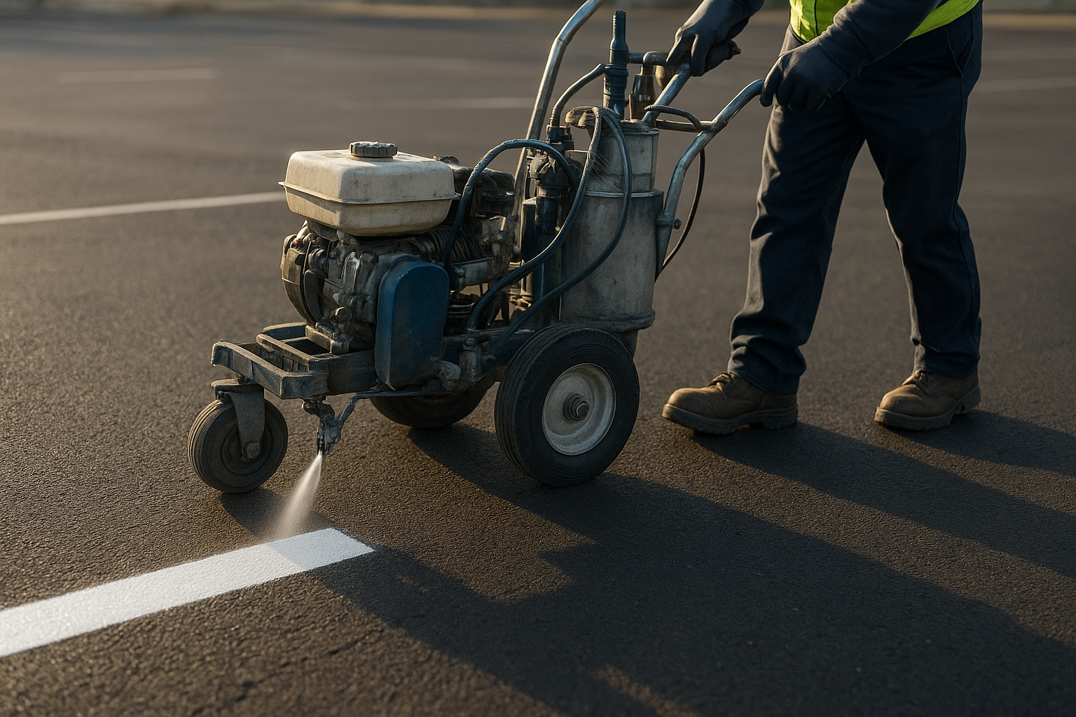 Parking lot striping professional applying crisp white lines with a line striping machine during a woodland striping services project