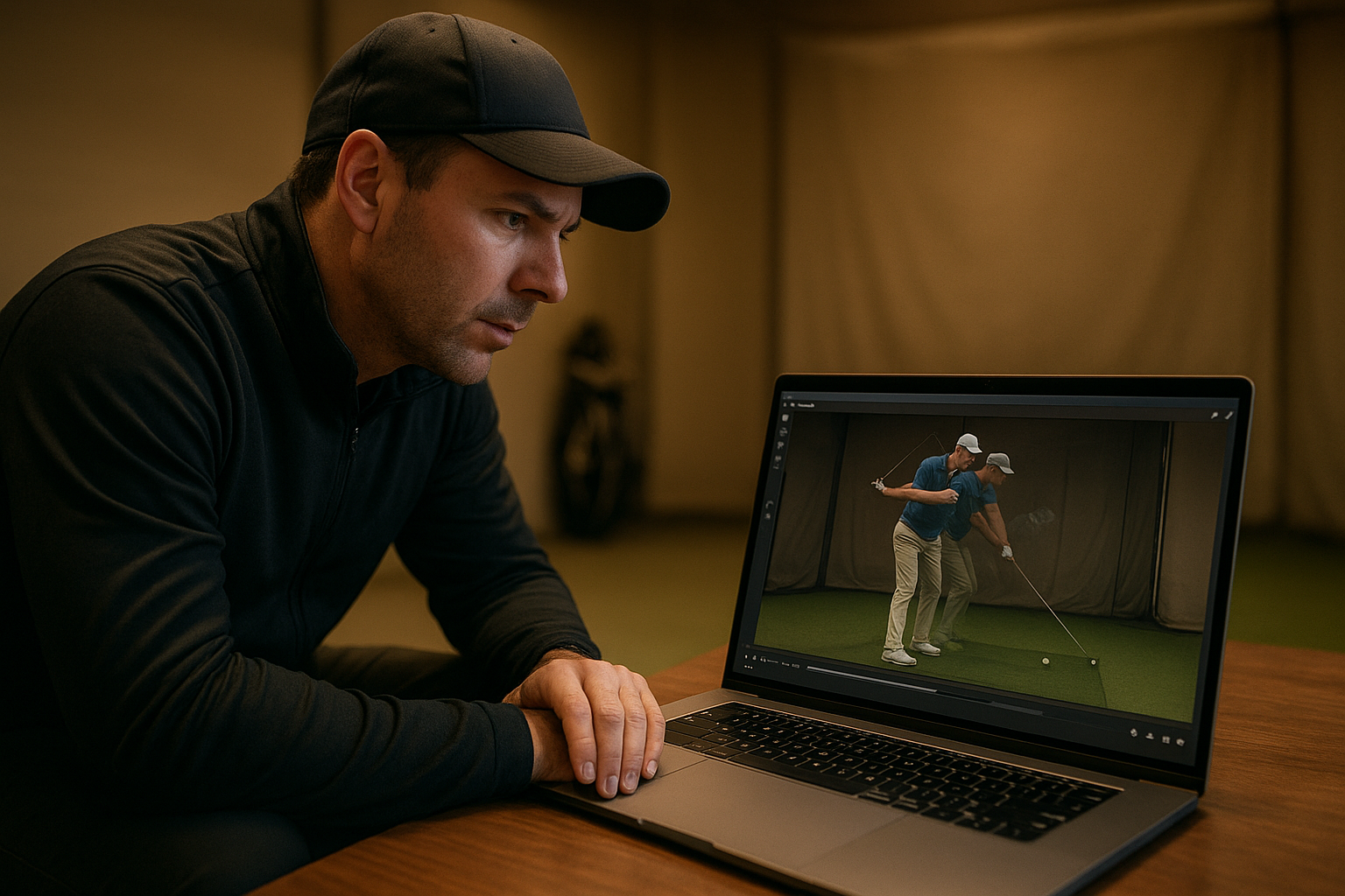Coach demonstrating how to analyze golf swing mechanics using frame-by-frame video overlay