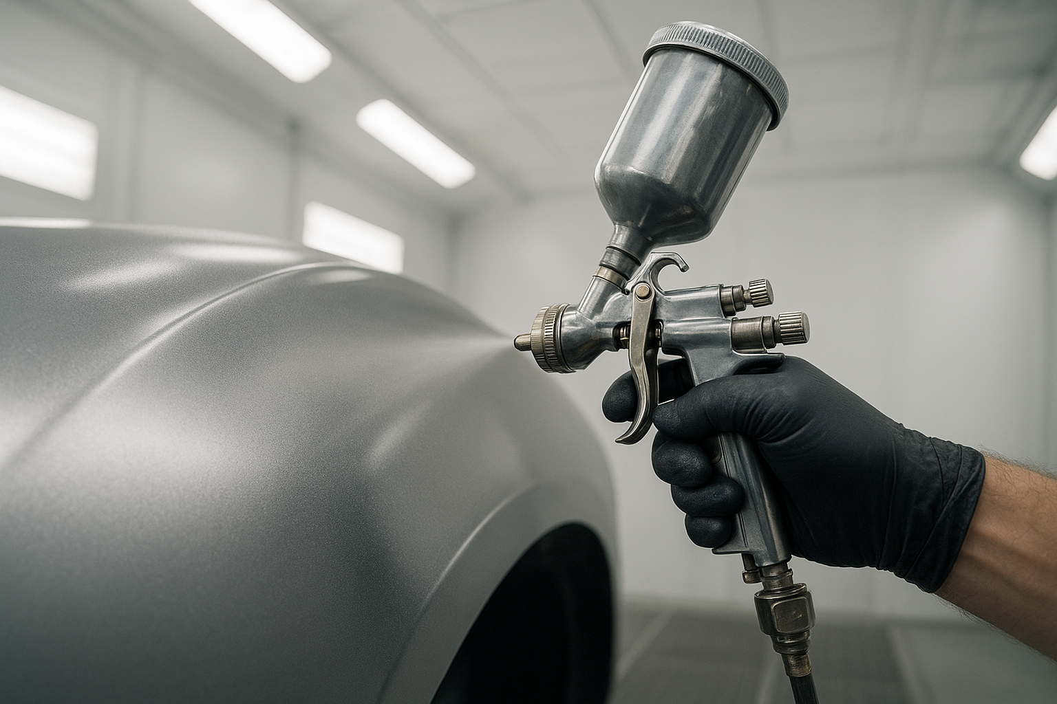 Close-up of a paint spray gun matching a factory color code on an imported vehicle panel