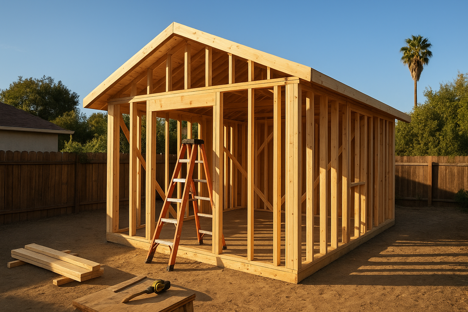 Detached ADU framing underway after permit approval in a Los Angeles County backyard