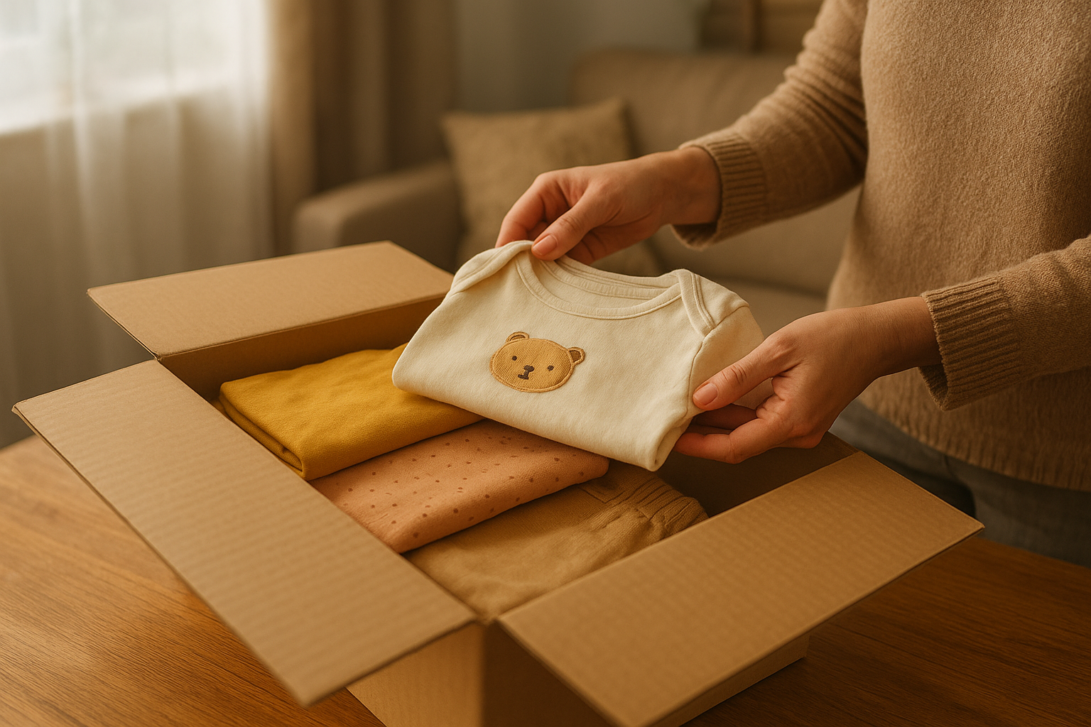 Parent unboxing a curated bundle from a children's clothing rental subscription