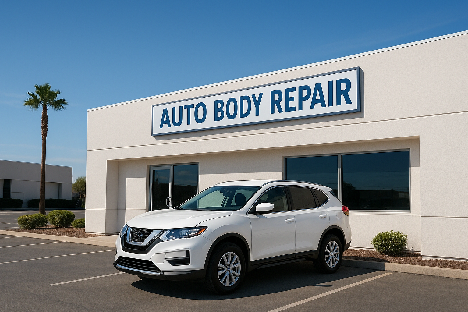 Clean and professional bodyshop auto repair facility exterior with a restored white SUV in the parking lot