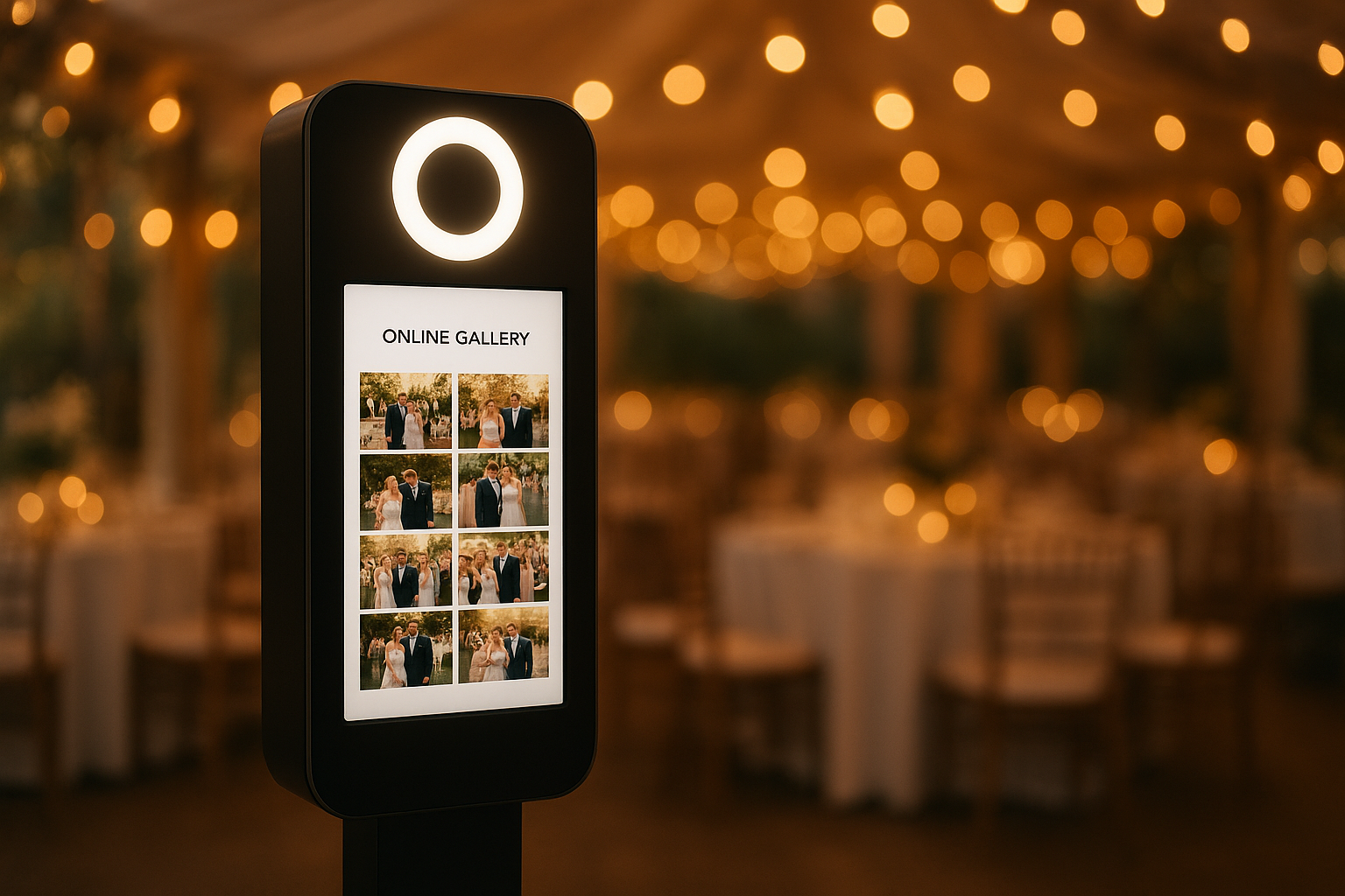 Photo booth rental with dedicated Wi-Fi set up at an indoor wedding reception