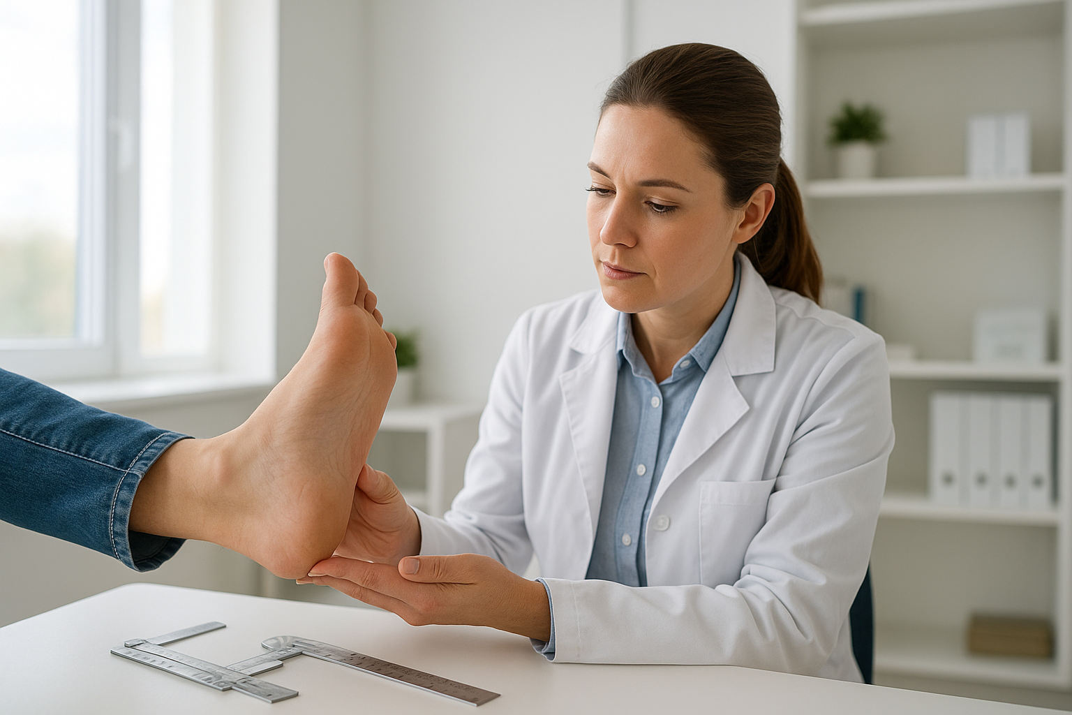 Podiatrist evaluating a patient's foot arch to recommend insole solutions for foot pain