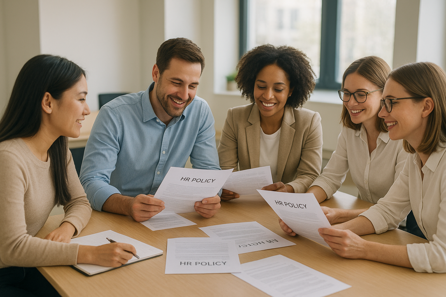 Small business team meeting to review HR policies and strengthen employer-employee trust