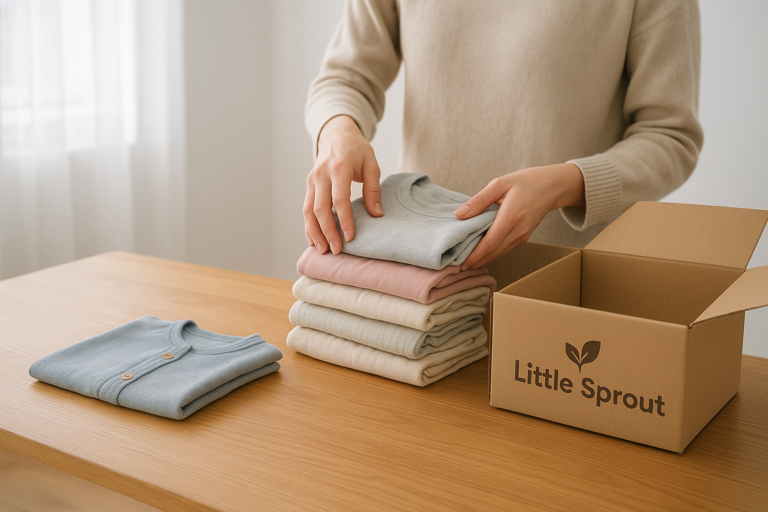 Parent packing a prepaid shipping box to return rented kids clothing