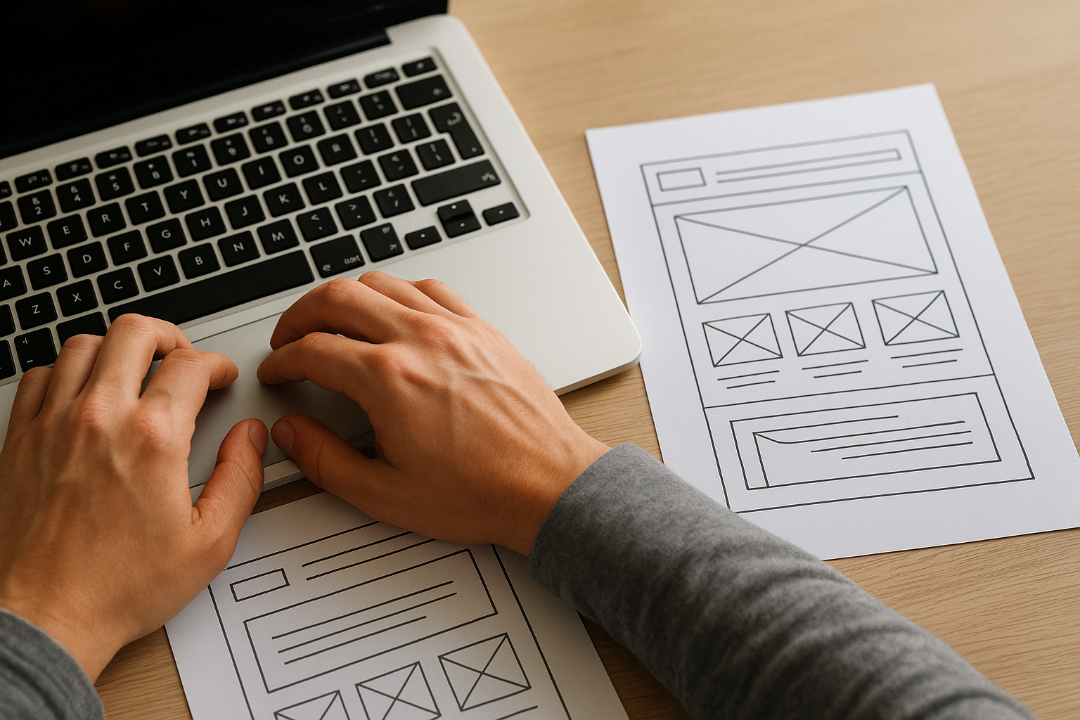 Wireframe sketches and laptop representing the planning stage of a custom freelance website build