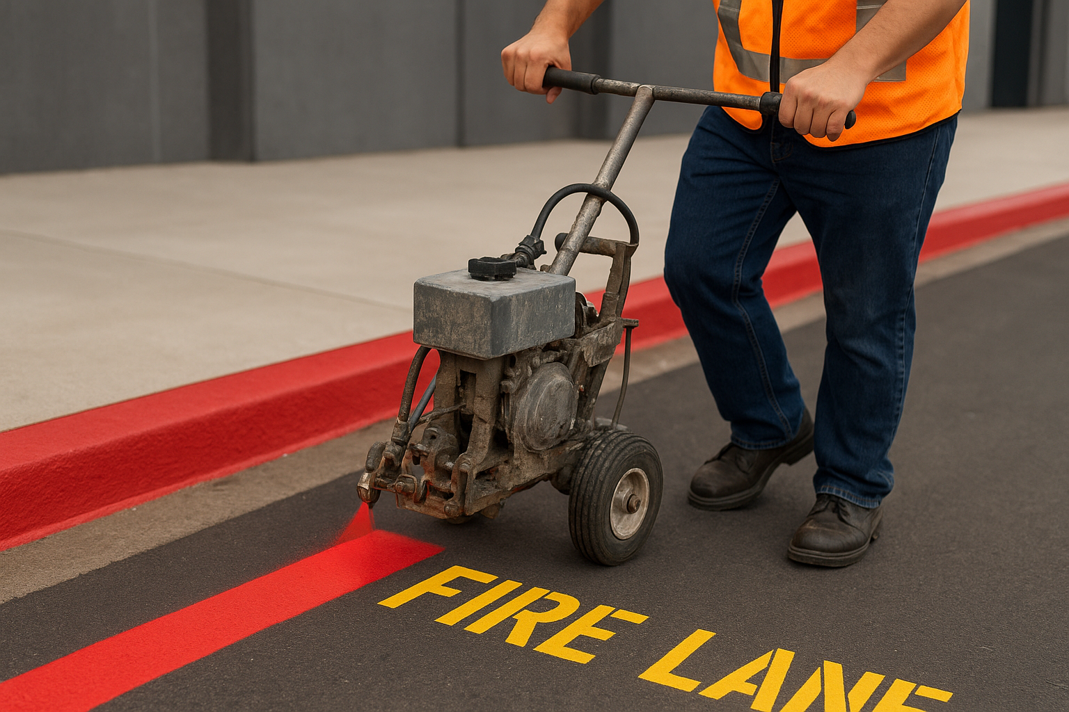 Crew member marking a red fire lane curb during a municipal parking lot restriping project