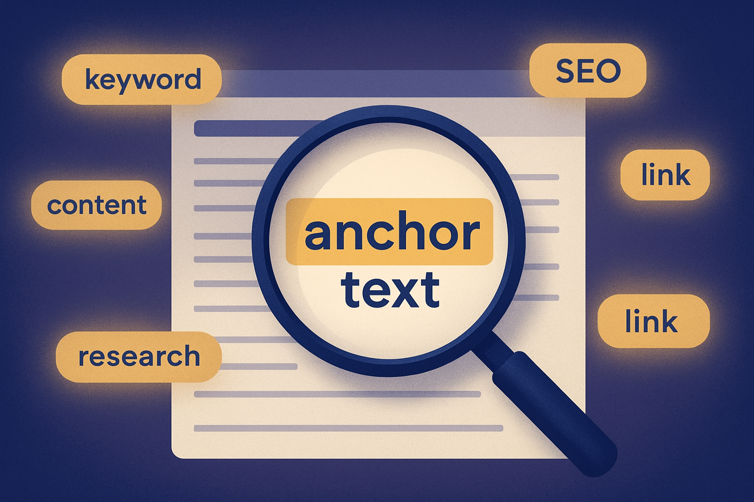 Magnifying glass highlighting anchor text on a webpage to show how keyword context affects SEO juice
