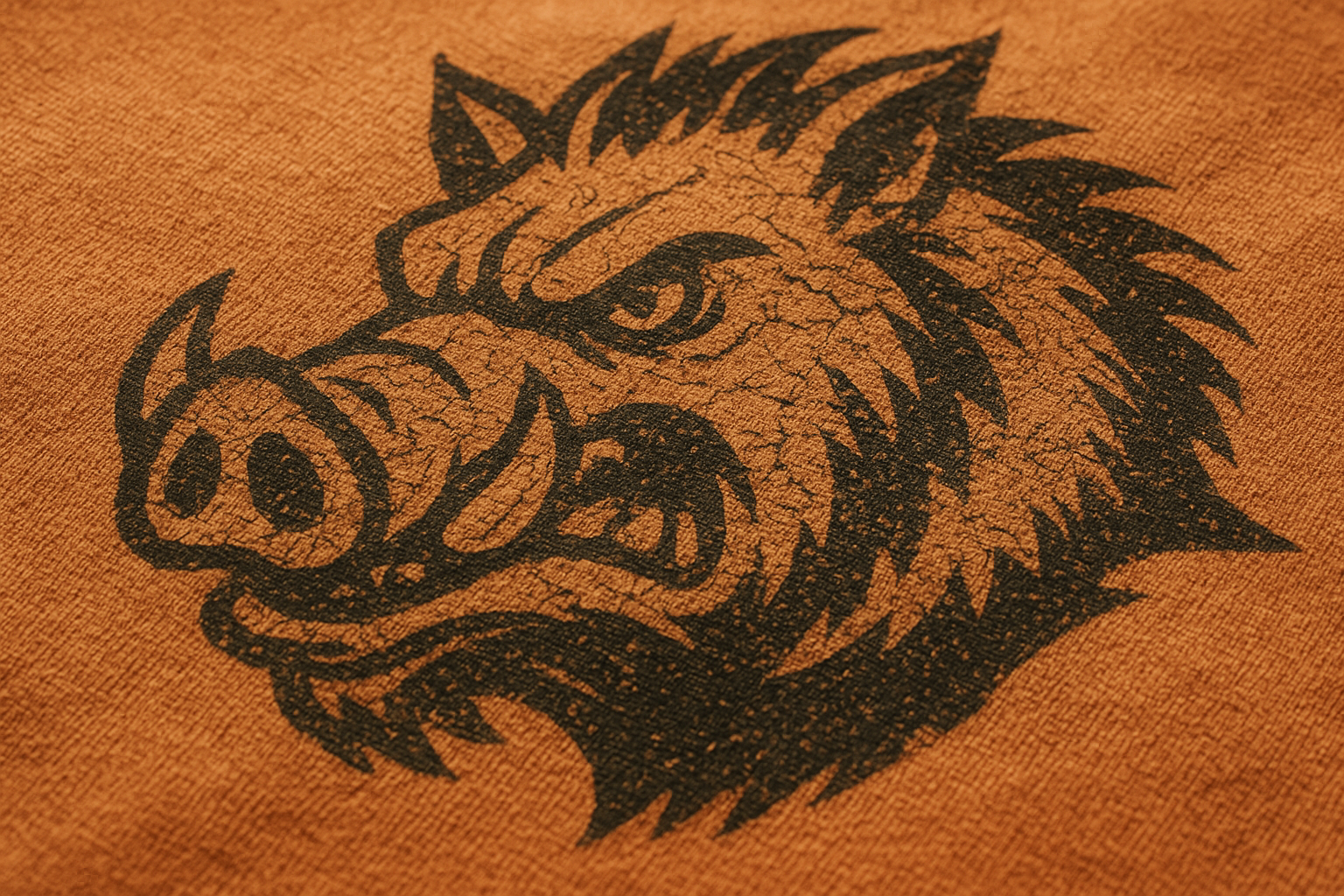 Close-up of screen printed ink texture on faded fabric showing distressed retro mascot artwork