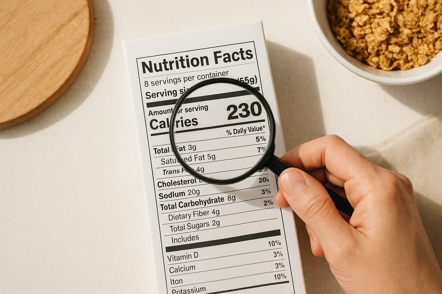 Person reading a cereal nutrition label to check for refined sugar content