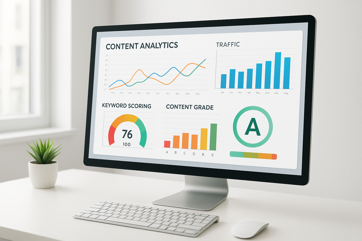 AI tools for content optimization dashboard showing keyword scores and content analysis metrics
