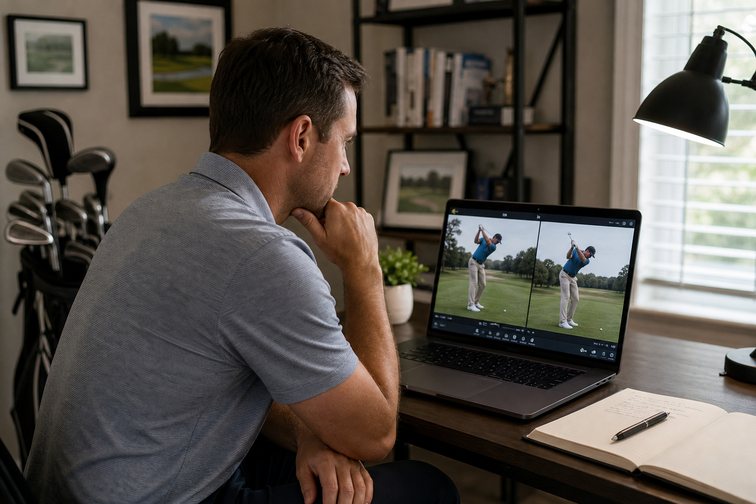 Golfer reviewing swing analysis footage during a remote coaching review session
