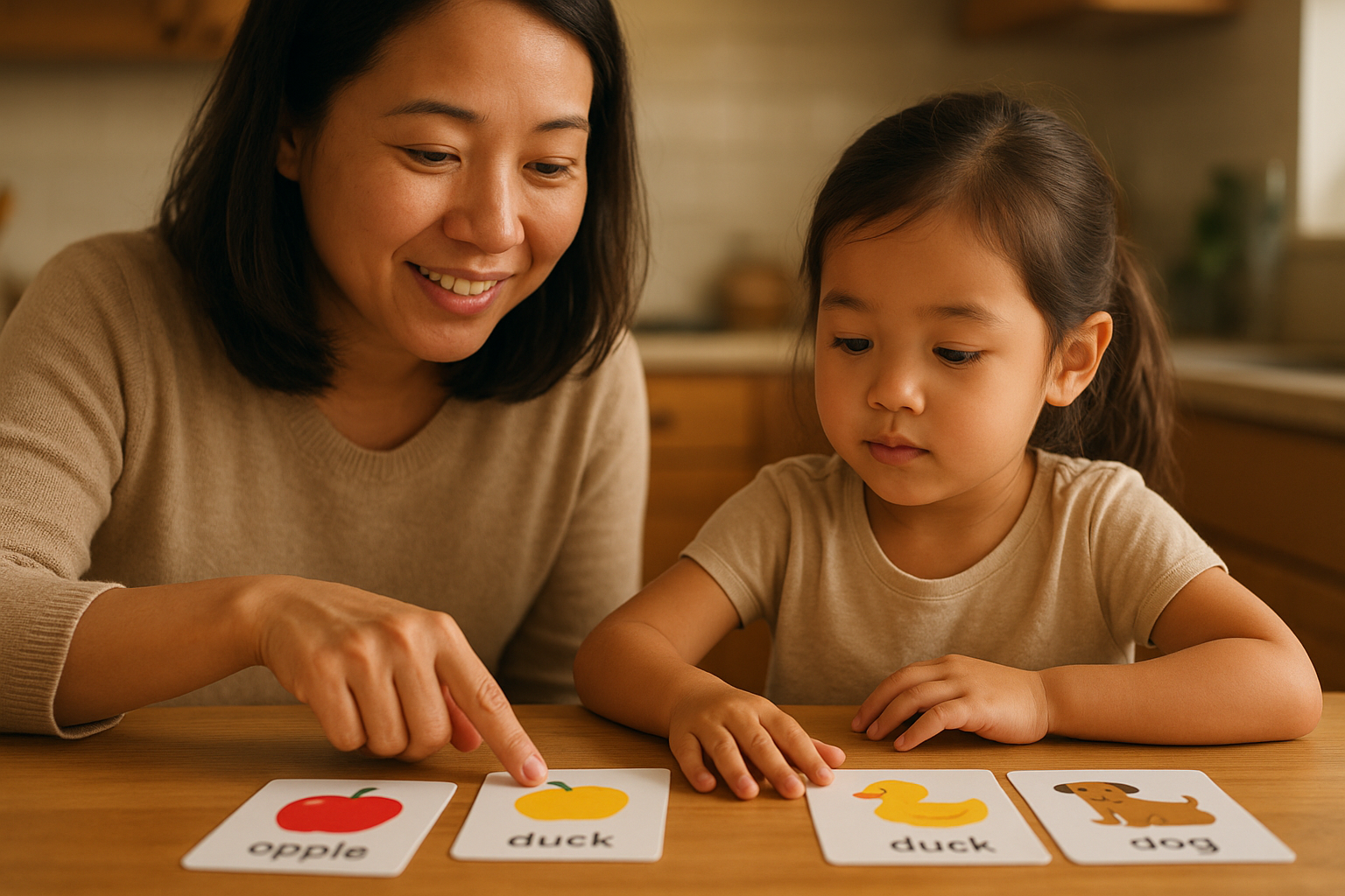 Parent and child practicing core vocabulary cards together at home between therapy visits