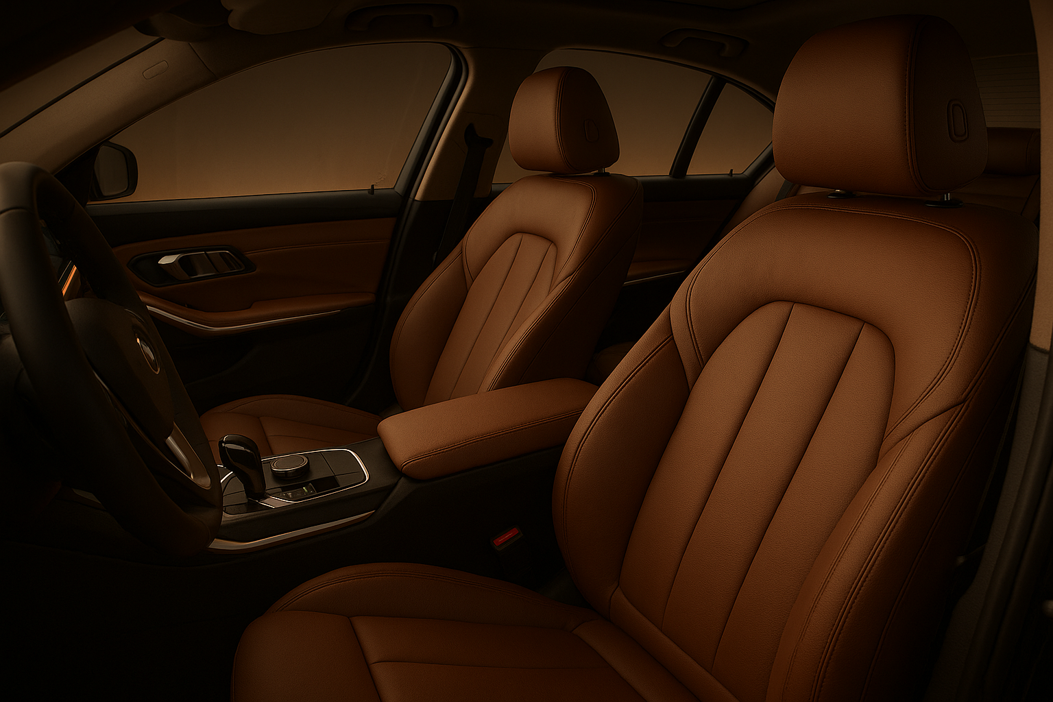 Leather interior of a premium chauffeured sedan used for CharlotteLux rides