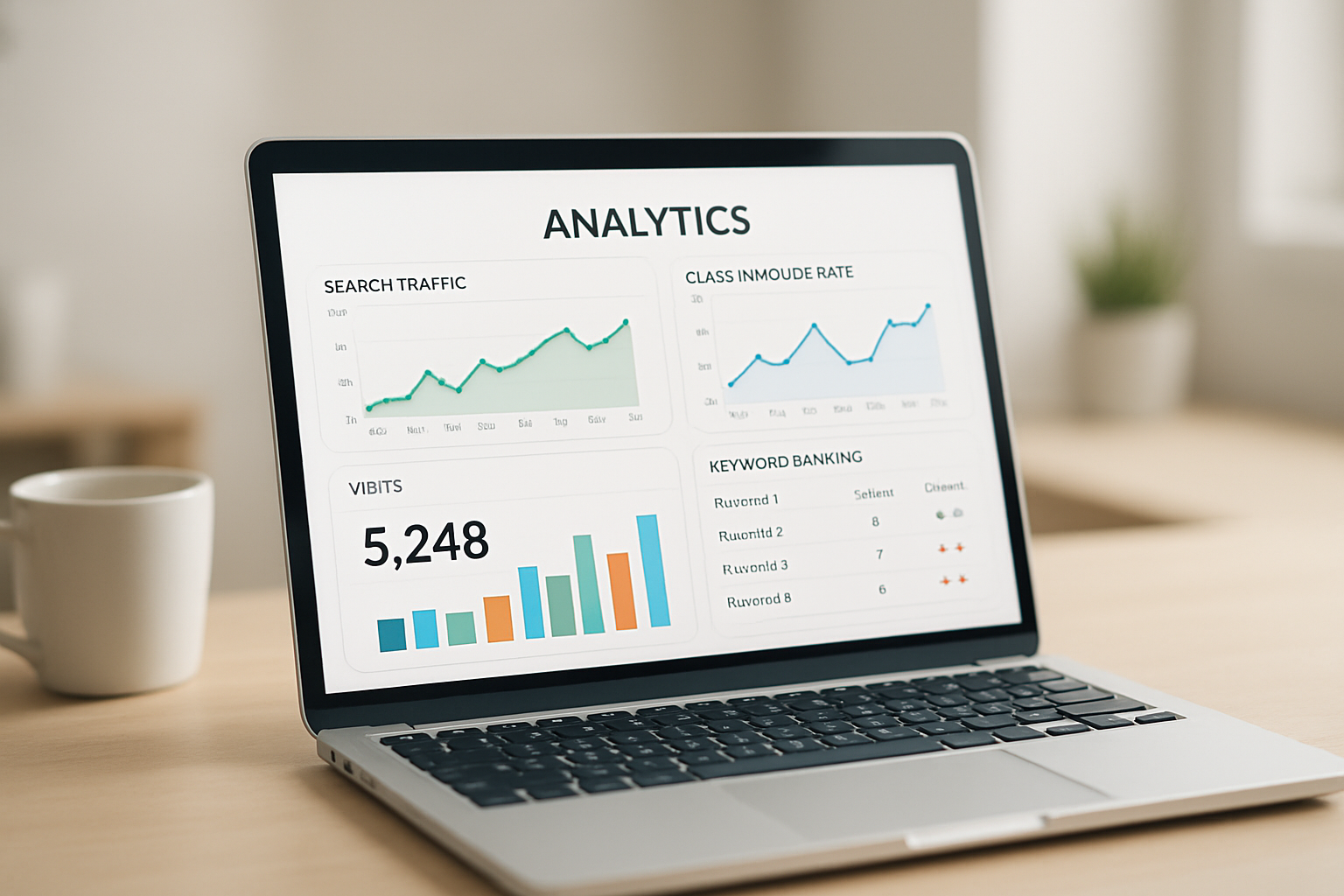 Dashboard showing search performance analytics charts including clicks and rankings