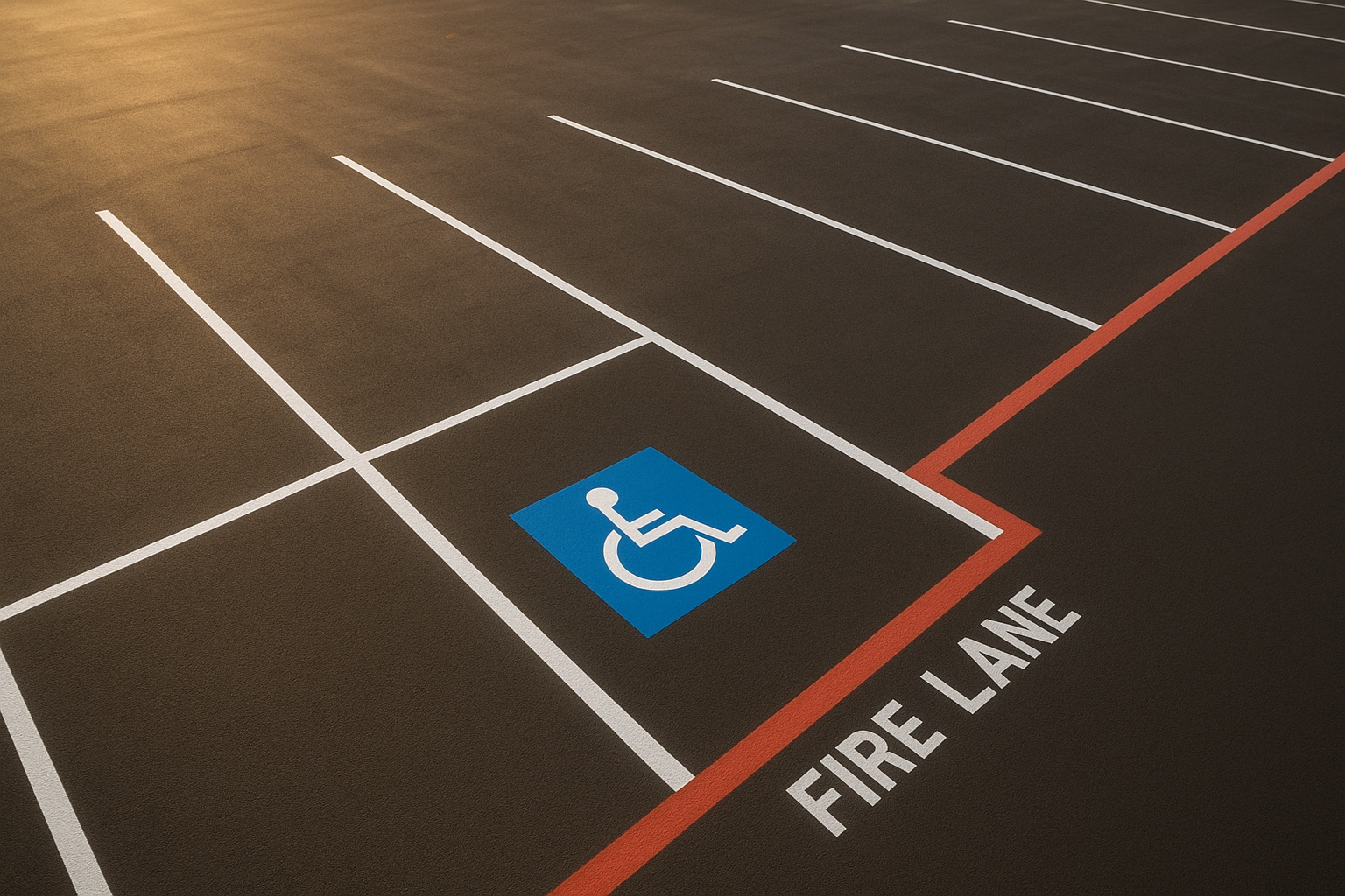 Aerial view of safety compliance parking lot striping with ADA accessible space and fire lane markings