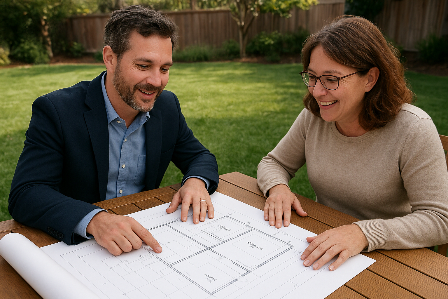 Homeowner reviewing ADU floor plans with a designer during early planning stages