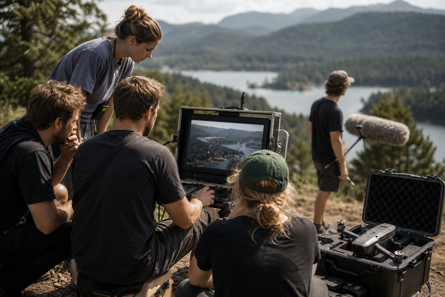 Film production crew reviewing aerial drone footage on a monitor during a Louisiana shoot