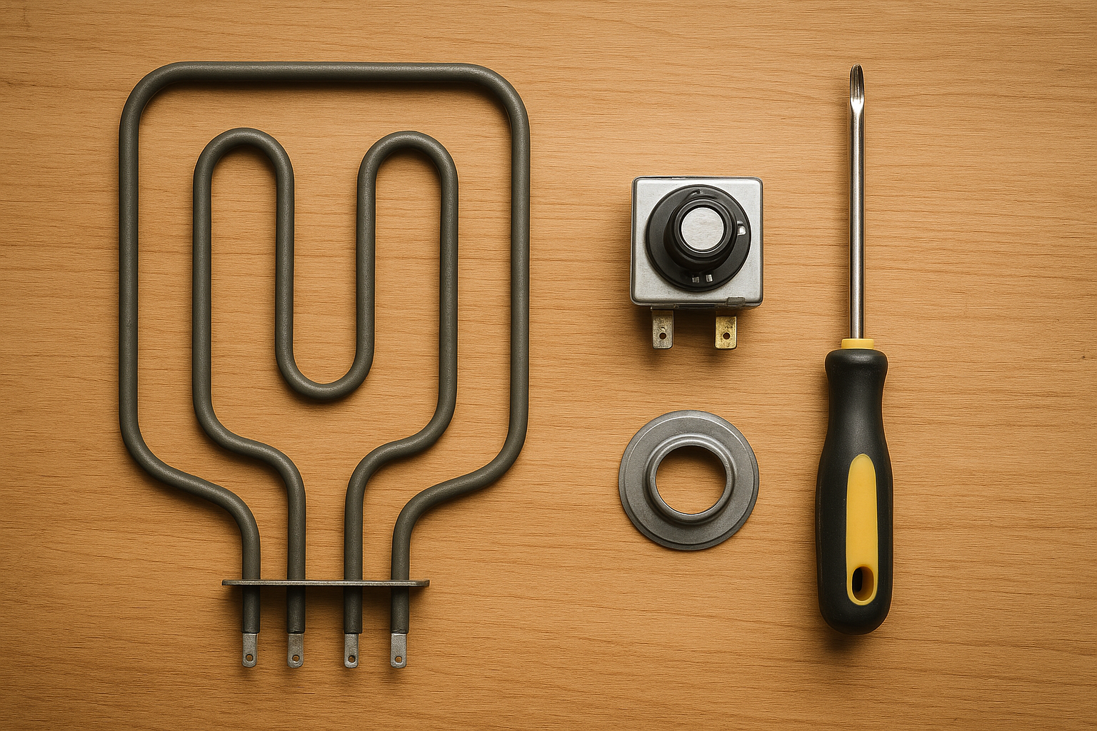 Replacement parts and tools used during a typical oven repair appointment